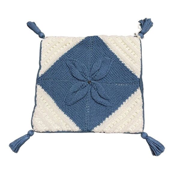Crochet Handmade Blue Flower Throw Pillow Cover Boho Tassels Granny Core 15" VTG - Picture 1 of 5
